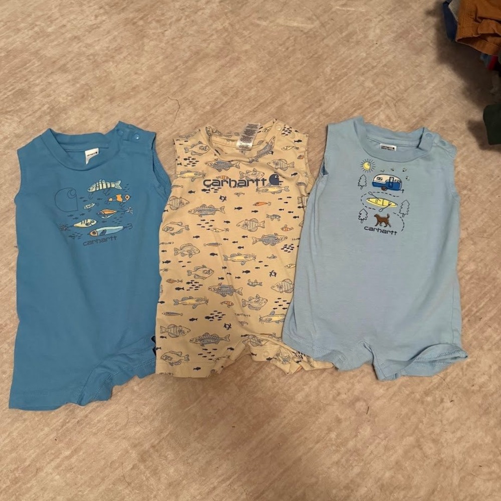 Carhartt Baby Boys 6 Months Fish Camping Sleeveless Romper Bundle 3 Pack Blue